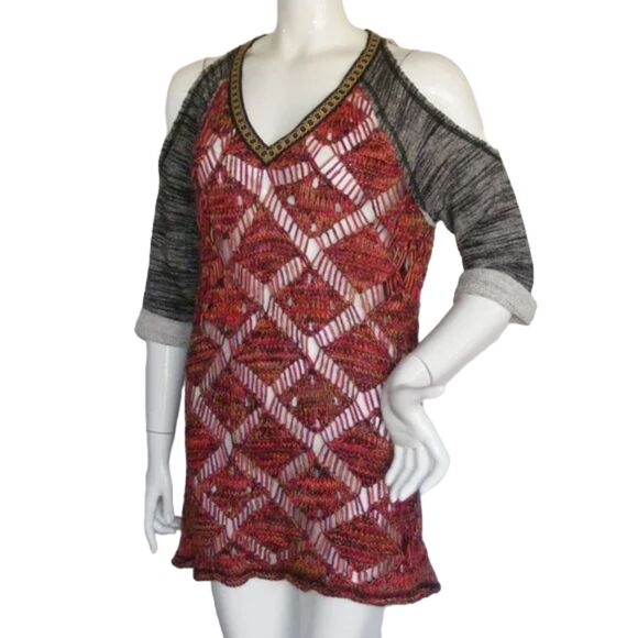 BKE Sweater, S, Open knit, Cold Shoulder, Multicolor, Distressed, Layer up - Picture 3 of 14